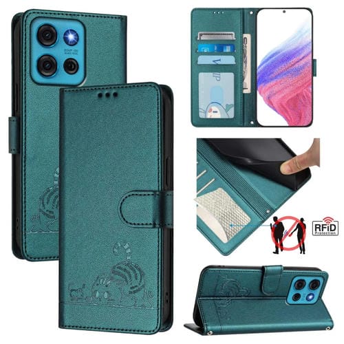 Funda de Cuero Rfid para Motorola Moto G75 con Estampado de Rata y Gato y Cordón (Verde Pavo Real)