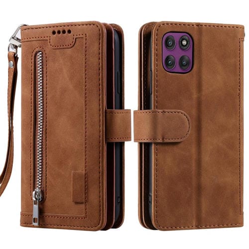 Funda de cuero con cremallera y cordón para Motorola Edge 60 Pro (marrón)