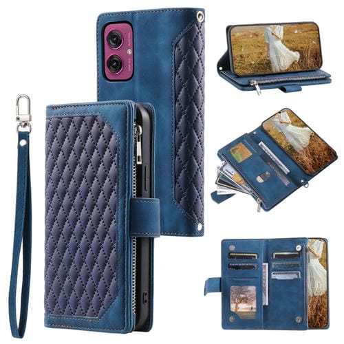 Funda de Cuero con Cremallera y Textura de Cuadrícula para Motorola Moto G55 con Cordón (Azul)