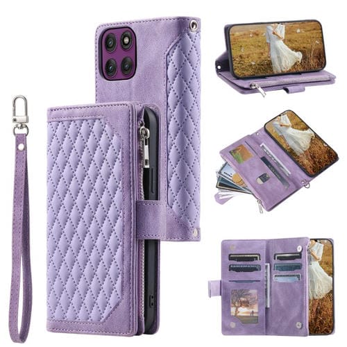 Funda de cuero con cremallera y cordón para Motorola Edge 60 Pro (morado)