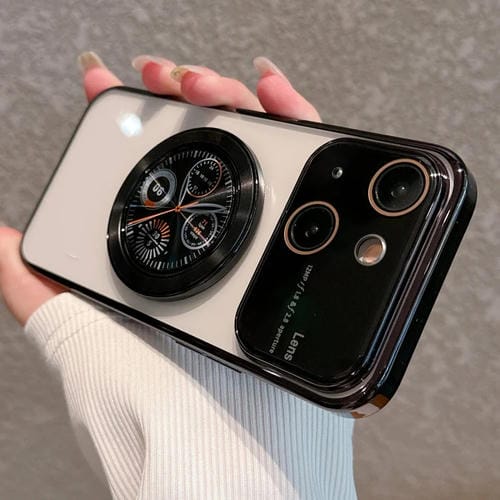 Caja de teléfono para PC para iPhone 15 con soporte ventana grande galvanizada (Negro) - MOVILSTORE