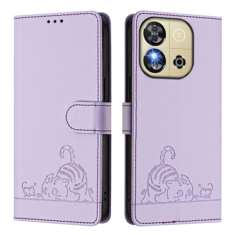 Funda de Cuero Rfid para Oukitel C57S con Estampado de Rata y Gato en Relieve y CordĂłn (Morado)