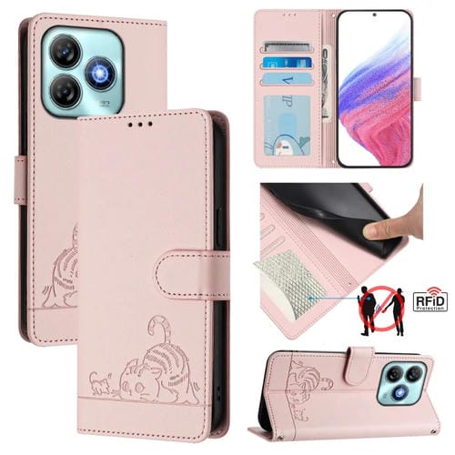 Funda de Cuero Rfid para ZTE Blade A75 4G con Estampado de Rata y Gato y Cordón (Rosa)