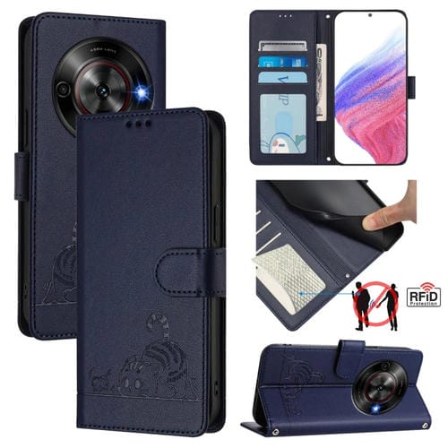 Funda de Cuero Rfid para ZTE Blade A75 5G con Estampado de Rata y Gato y Cordón (Azul)