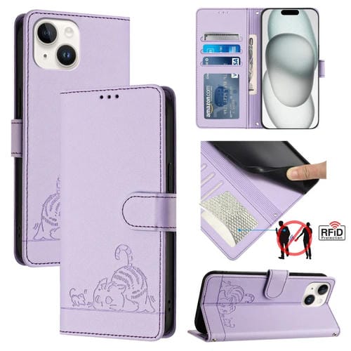 Funda para TelĂ©fono iPhone 15 Cat Rat PatrĂłn en Relieve Rfid PU con Correa para la Muñeca (PĂșrpura) - MOVILSTORE