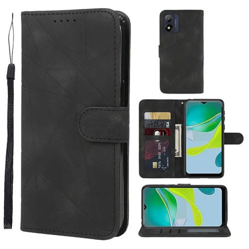 Funda de Cuero para Motorola Moto E13 con Diseño Geométrico y Líneas (Negro)