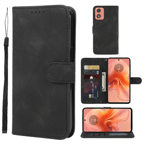 Funda de Cuero para Motorola Moto G04 con Líneas Geométricas y Tacto Suave (Negro)