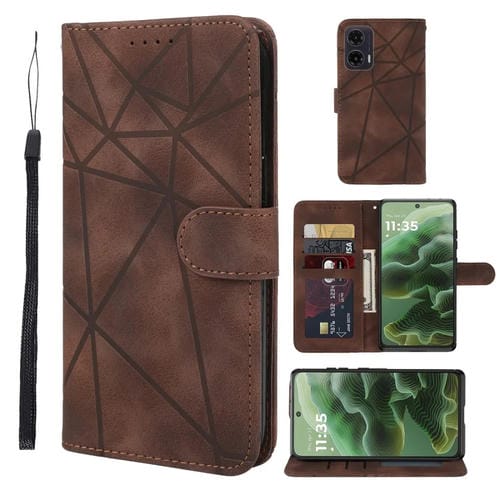 Funda de Cuero para Motorola Moto G35 con Líneas Geométricas y Tacto Suave (Marrón)