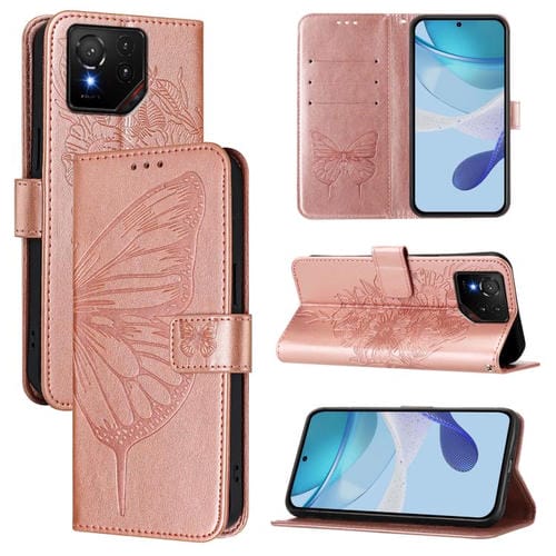 Funda de Cuero Asus Rog Phone 9/9 Pro con Diseño de Mariposa en Relieve (Oro Rosa)