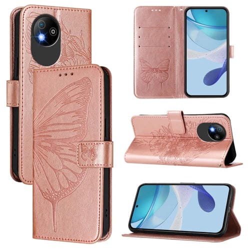 Funda de Cuero ZTE Blade A35 Lite/A35 Core Diseño Mariposa En Relieve (Oro Rosa)