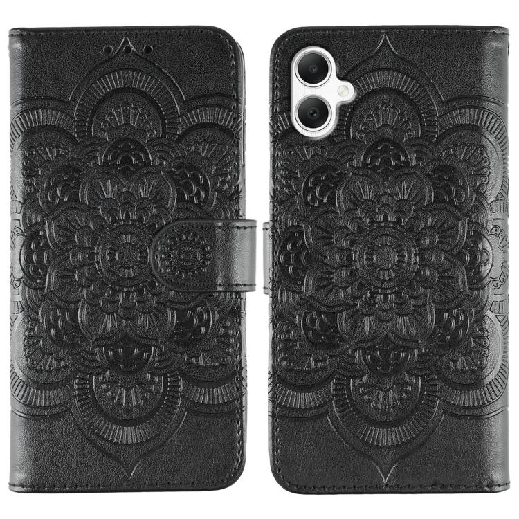 Funda de cuero con estampado de mandala solar para Samsung Galaxy A06 4G/5G/A07 5G (negra)
