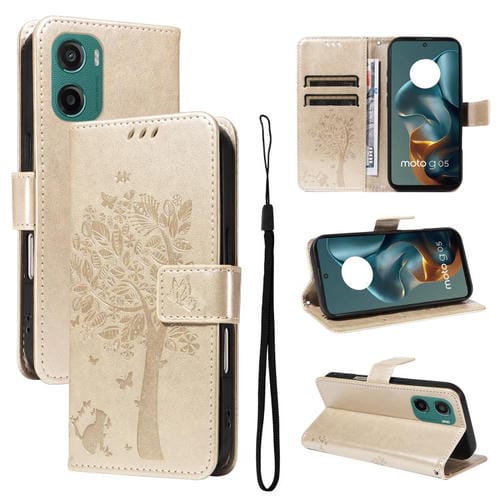 Funda de Cuero con Tapa para Motorola Moto G05 con Diseño Árbol y Gato en Relieve (Dorada)