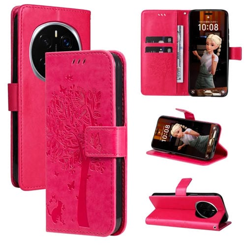 Funda de Cuero con Tapa para Honor Magic7 Pro con Diseño de Árbol y Gato (Rosa Rojo)