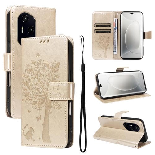 Funda de Cuero con Tapa para Honor 300 Pro/300 U1Tra con Diseño Árbol y Gato (Dorada)