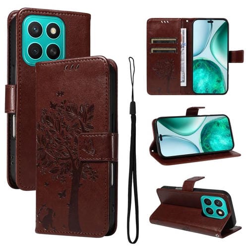 Funda de Cuero con Tapa para Honor X8C 4G Global con Estampado de Árbol y Gato (Café)
