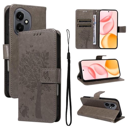 Funda de cuero con tapa para Honor 400 Global (156,5 mm), diseño de árbol y gato en relieve (gris)