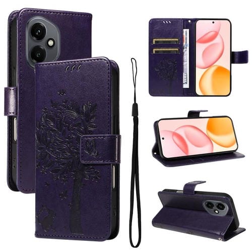 Funda de cuero con tapa para Honor 400 Global de 156,5 mm con diseño de árbol y gato en relieve (morado)