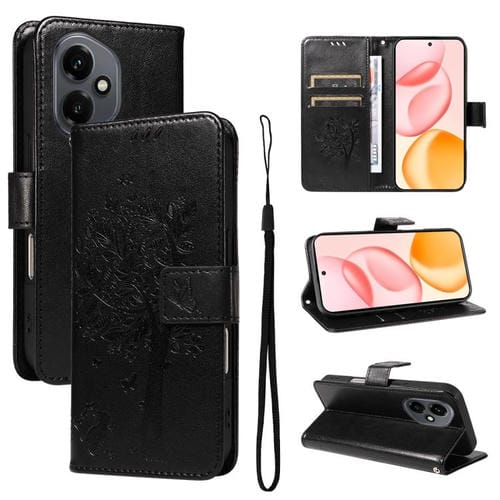 Funda de cuero con tapa para Honor 400 Global (156,5 mm), diseño de árbol y gato (negro)