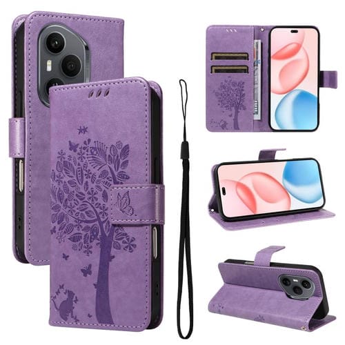 Funda de cuero con tapa para Honor 400 Pro Global (160,8 mm), diseño de árbol y gato (morado claro)