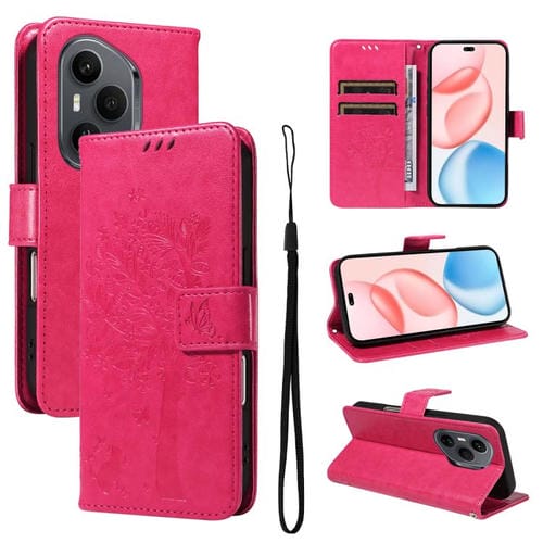 Funda de cuero con tapa para Honor 400 Pro Global (160,8 mm), diseño de árbol y gato en relieve (rosa rojo)