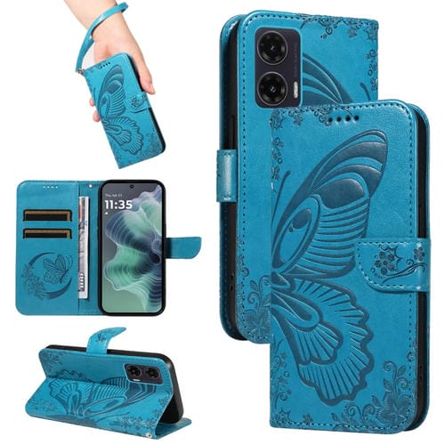 Funda de Cuero con Relieve de Mariposa para Motorola Moto G35 (Azul)