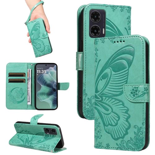 Funda de Cuero con Relieve de Mariposa para Motorola Moto G35 (Verde)