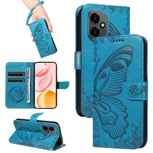 Funda de cuero con relieve de mariposa para Honor 400 Global (156,5 mm) (azul)