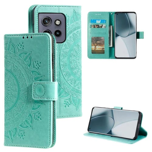 Funda de Cuero con Relieve de Flor de Tótem para Motorola Edge 50 Neo con Cordón (Verde)