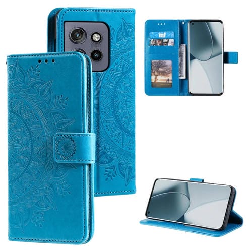 Funda de Cuero con Relieve de Flor de Tótem para Motorola Edge 50 Neo con Cordón (Azul)
