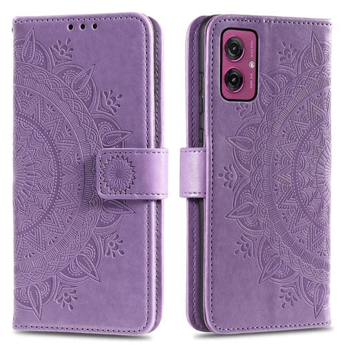 Funda de Cuero con Relieve de Flores y Tótem para Motorola Moto G55 con Cordón (Morado)