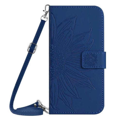 Funda de piel con tapa y cordón para Samsung Galaxy S25 FE 5G, con diseño de girasoles en relieve (azul oscuro)