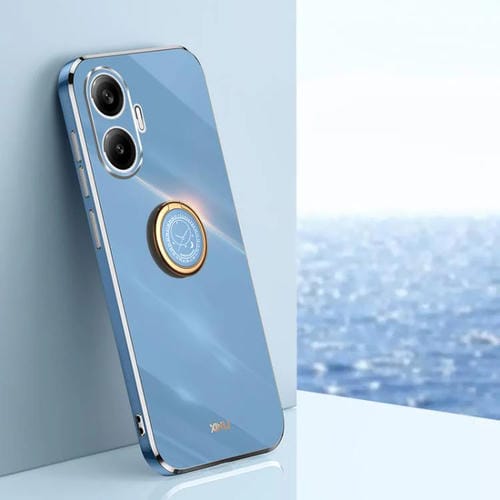 Funda de TPU con borde recto 6D galvanizado y soporte para anillo para Redmi Turbo 4 Pro (azul celeste)