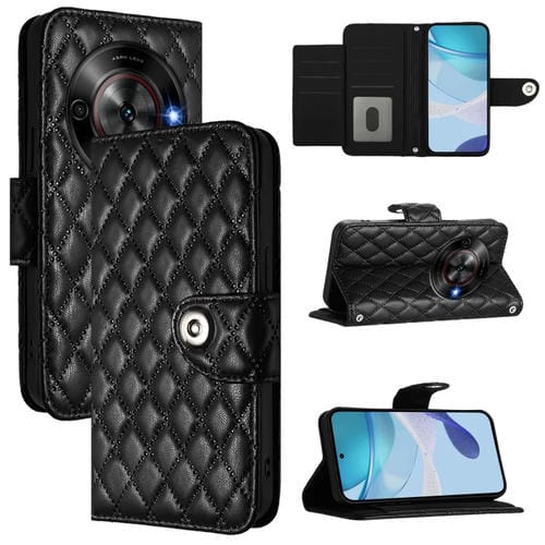 Funda de Cuero con Tapa y Textura Rombal para ZTE Blade A75 5G con Cordón (Negro)