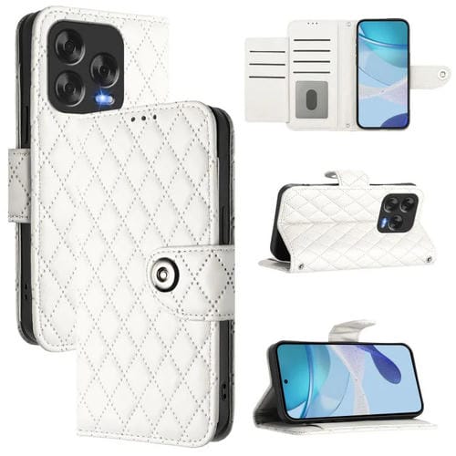 Funda de Cuero con Tapa para ZTE Blade V70 con Diseño Textura Rombal y Cordón (Blanco)