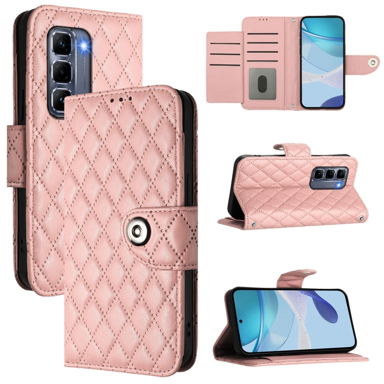 Funda de Cuero con Tapa y Textura Rómbica para Infinix Hot 50 Pro+ 4G con Cordón (Rosa Coral)