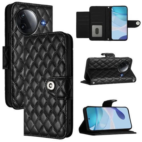 Funda de Cuero con Tapa y Textura Rómbica para Redmi K80 5G/K80 Pro 5G con Cordón (Negro)