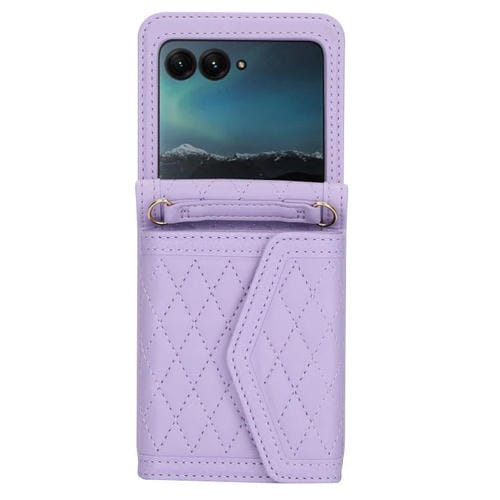Funda para Motorola Razr 50 Ultra con textura rómbica y cordón largo y corto (morado)