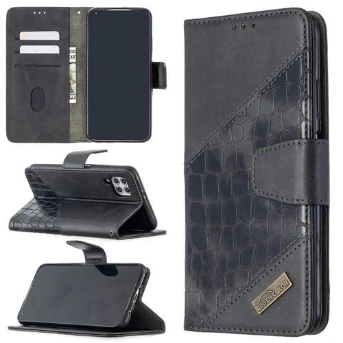 Para Huawei P40 Lite, color a juego, textura de cocodrilo, funda de cuero PU con tapa horizontal con billetera, soporte y ranuras para tarjetas (negro)