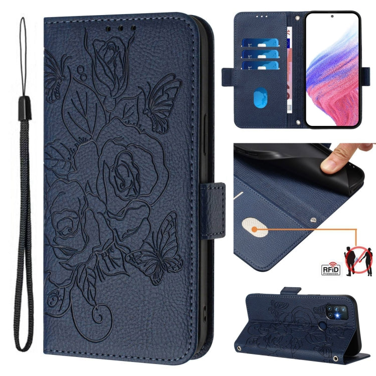 Funda de Cuero Antirrobo con RFID para OnePlus Nord N10 5G con Relieve (Azul Oscuro)