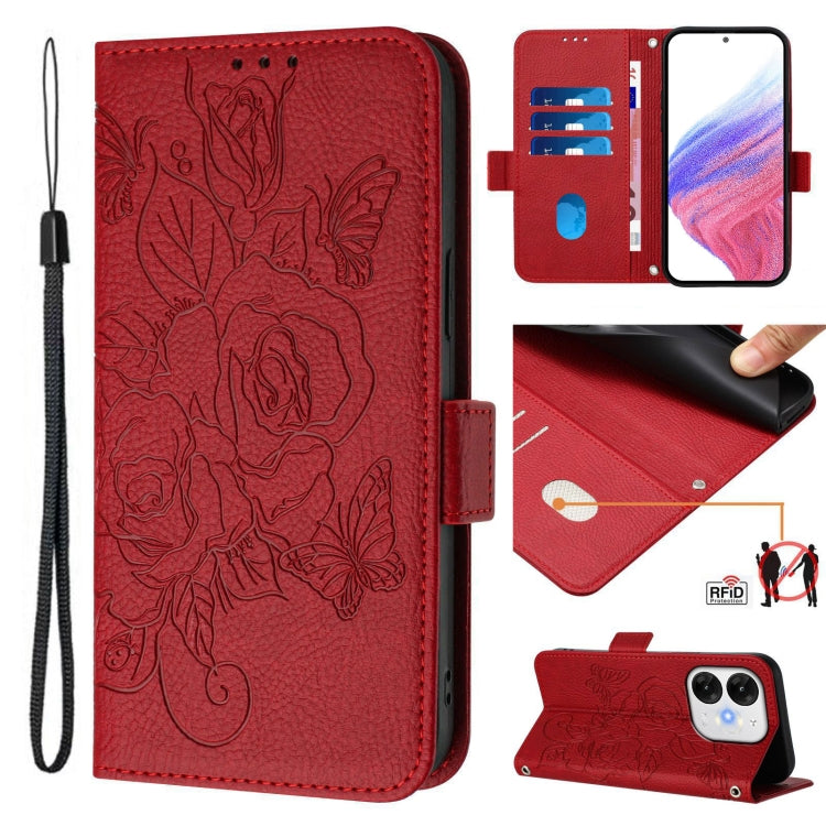 Funda de Cuero Antirrobo RFID con Relieve para Teléfono Itel A80 4G (Rojo)