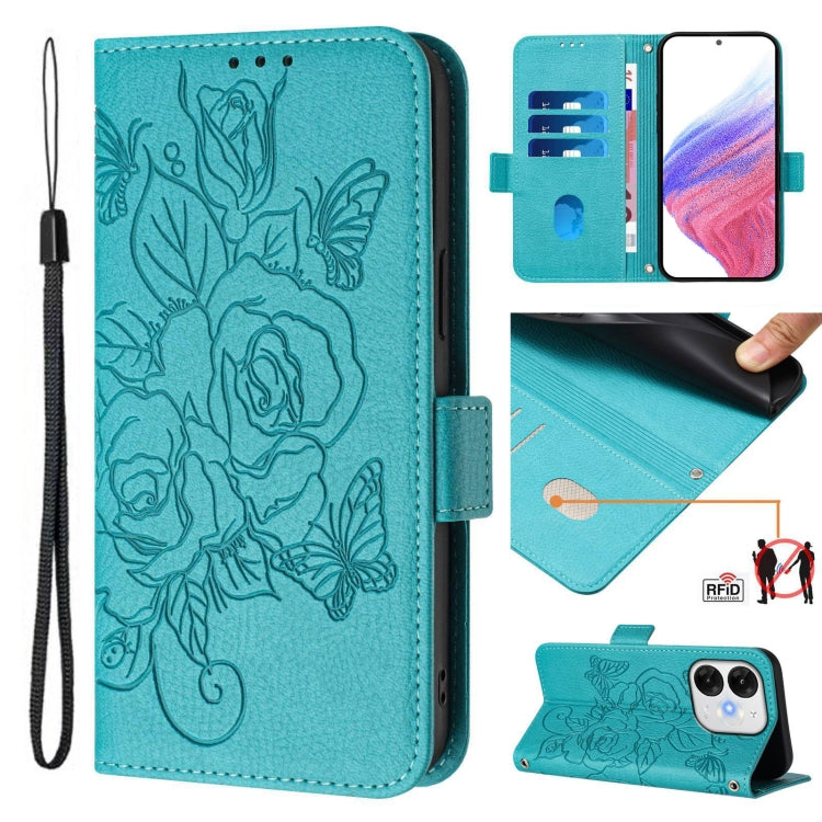 Funda de Cuero Antirrobo RFID con Relieve para Teléfono Itel A80 4G (Azul Claro)