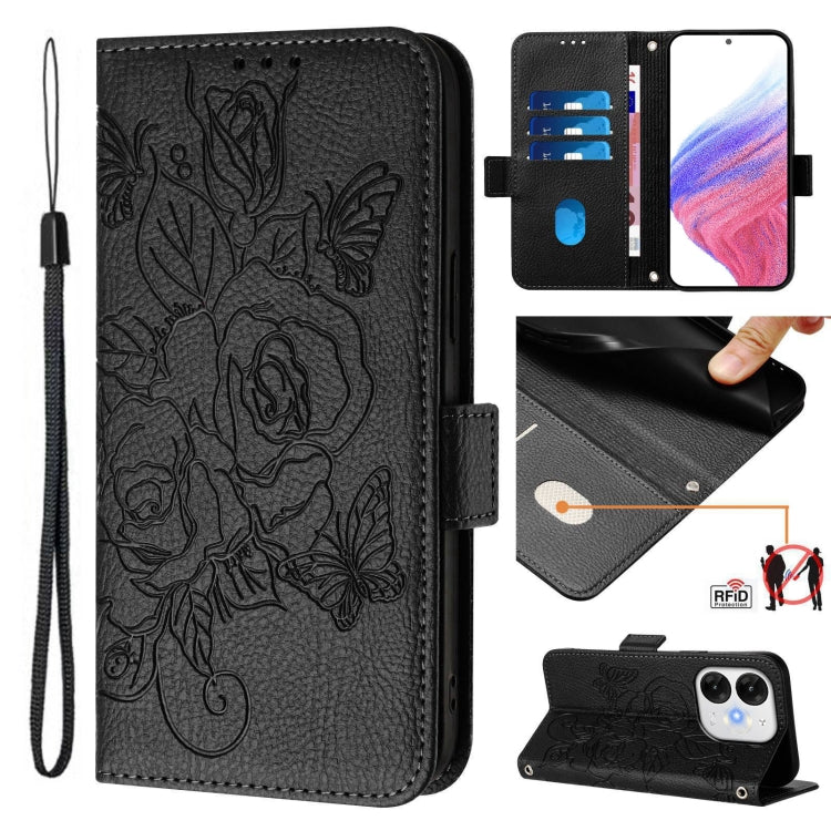 Funda de Cuero Antirrobo RFID con Relieve en Rosa para Teléfono Itel A80 4G (Negra)
