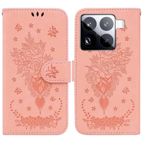 Funda De Cuero Con Relieve De Mariposa Y Rosa Para Xiaomi 15 Pro (Rosa)