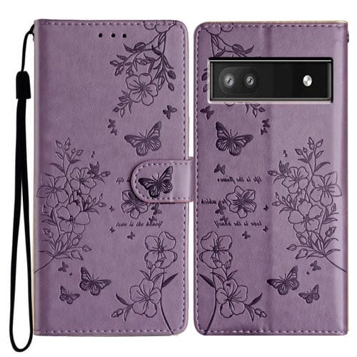 Funda de Cuero Google Pixel 9A con Diseño de Mariposas y Flores (Morado)