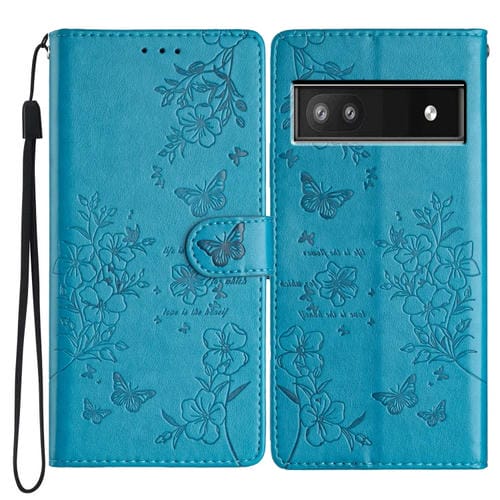 Funda de Cuero para Google Pixel 9A con Diseño de Mariposas y Flores (Azul)