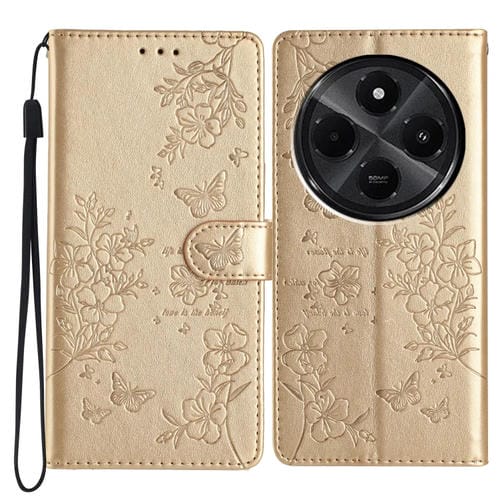 Funda de Cuero con Mariposas y Flores para Redmi A4 5G (Dorada)