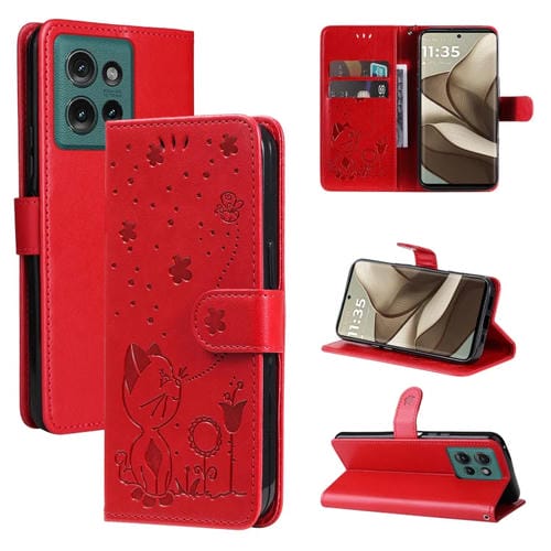 Funda de Cuero con Tapa para Motorola Edge 50 5G con Diseño de Gato y Abeja (Rojo)