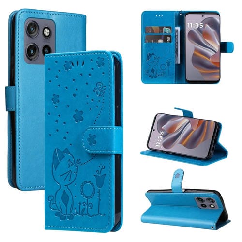 Funda de Cuero con Tapa para Motorola Edge 50 Neo con Diseño de Gato y Abeja (Azul)