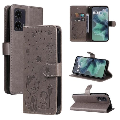 Funda de Cuero con Tapa para Motorola Moto G35 con Diseño de Gato y Abeja (Gris)