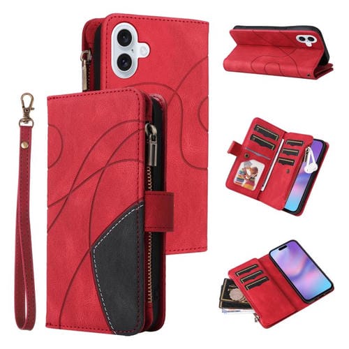 Funda de cuero con cremallera para iPhone 17, bicolor, con 9 ranuras para tarjetas (roja)